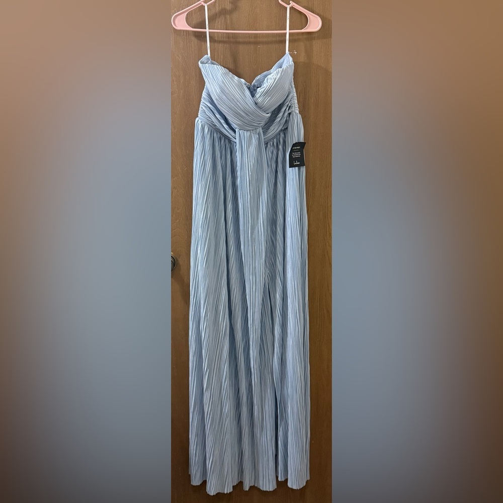 Lulus Blue Oswin Satin Plisse Strapless Maxi Dress